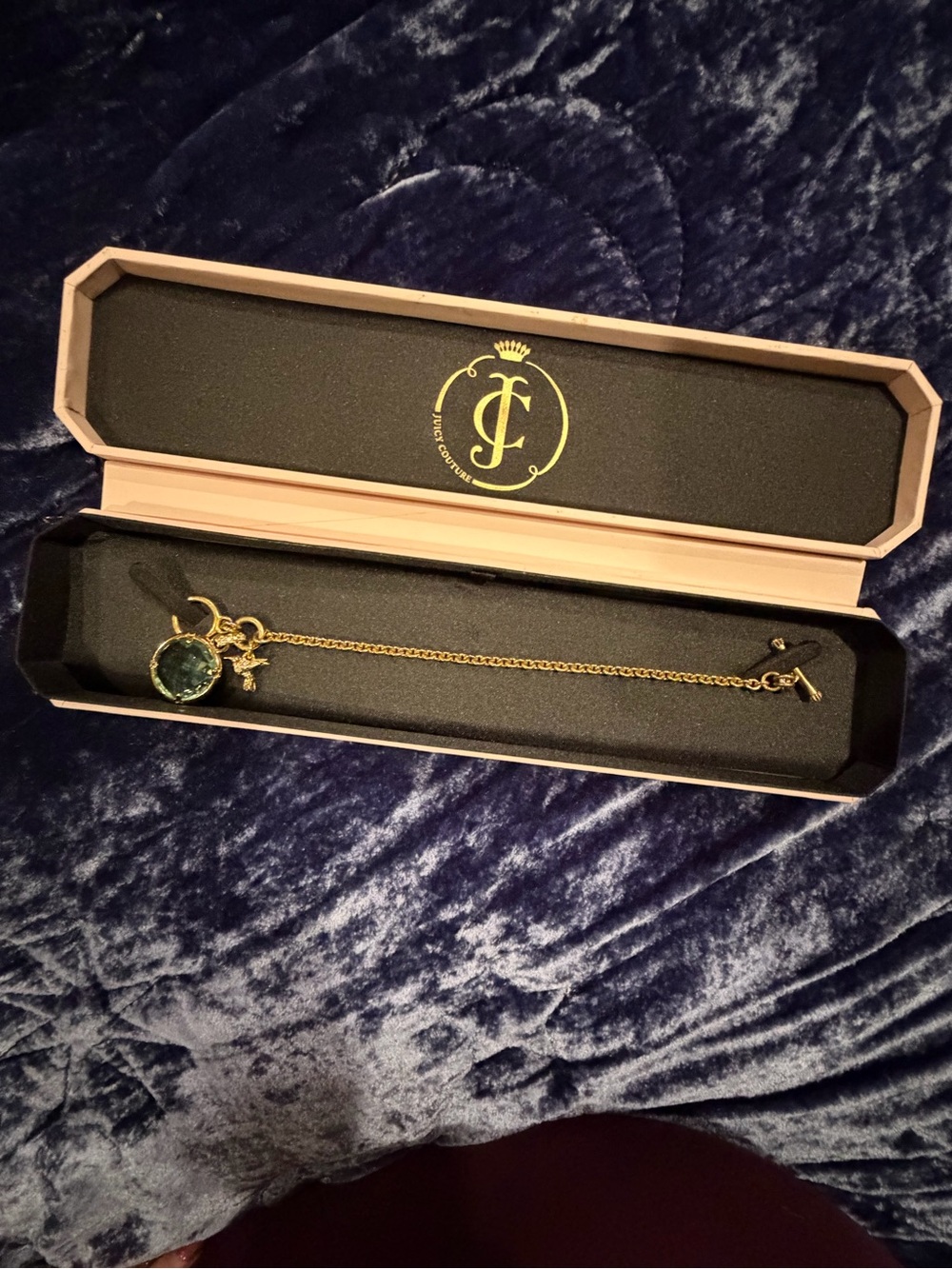 Juicy Couture Gold Chain Bracelet with Teal Crystal Charm